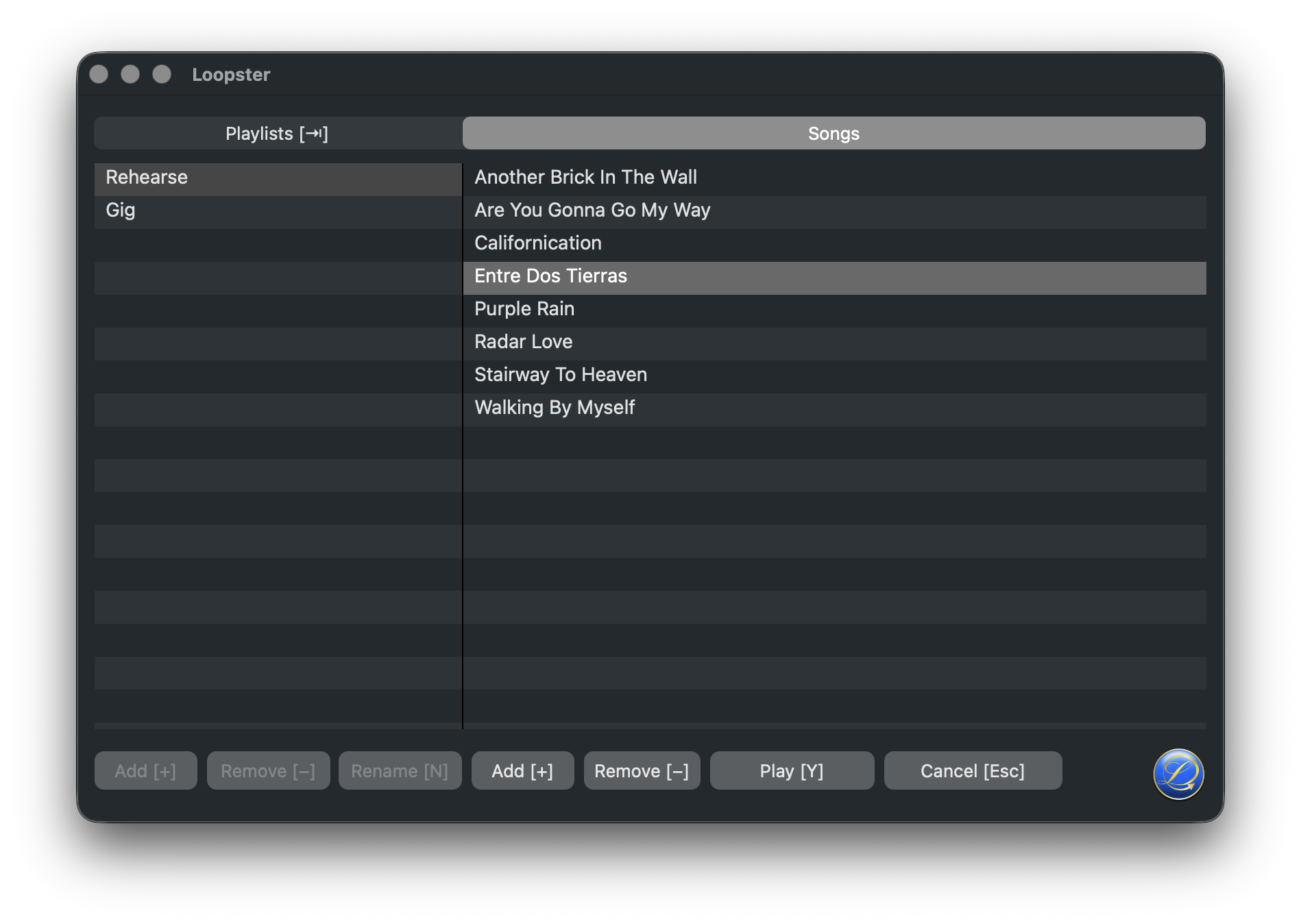 Back side of Loopster with playlists and songs