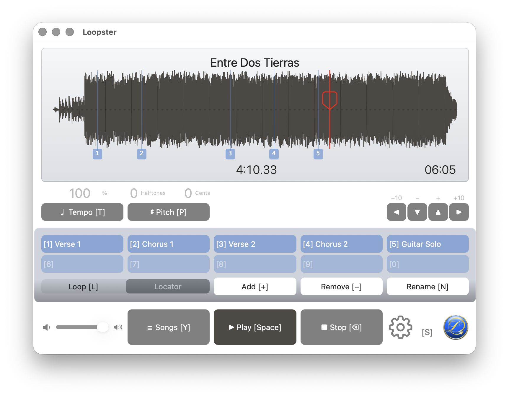 Loopster front window with waveform, transport, and slot row