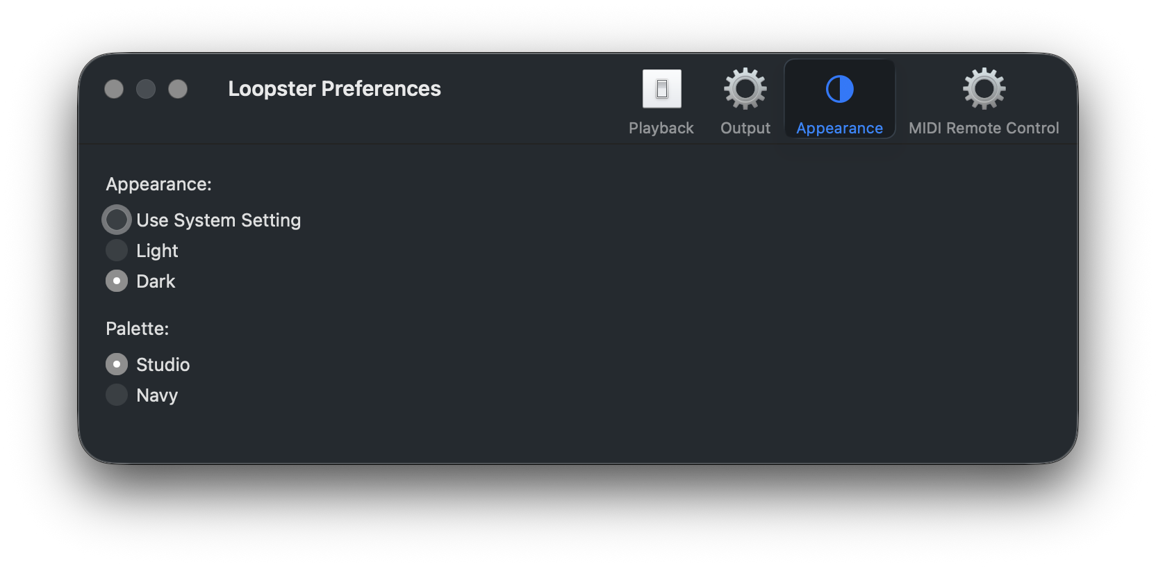 Appearance preferences with Light/Dark and Studio/Navy